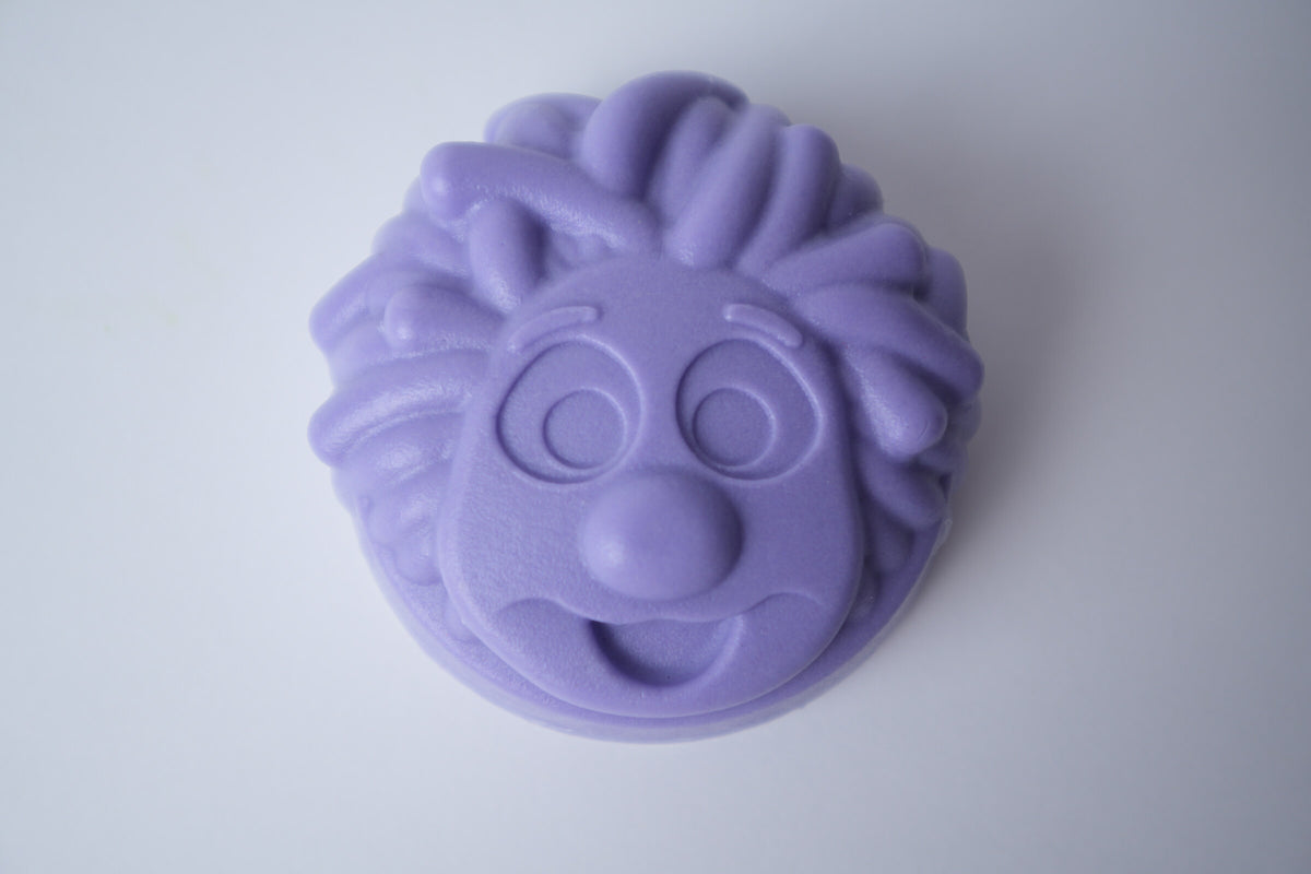 Mr. Scrubbadubba Soap Bar in purple, character face close-up