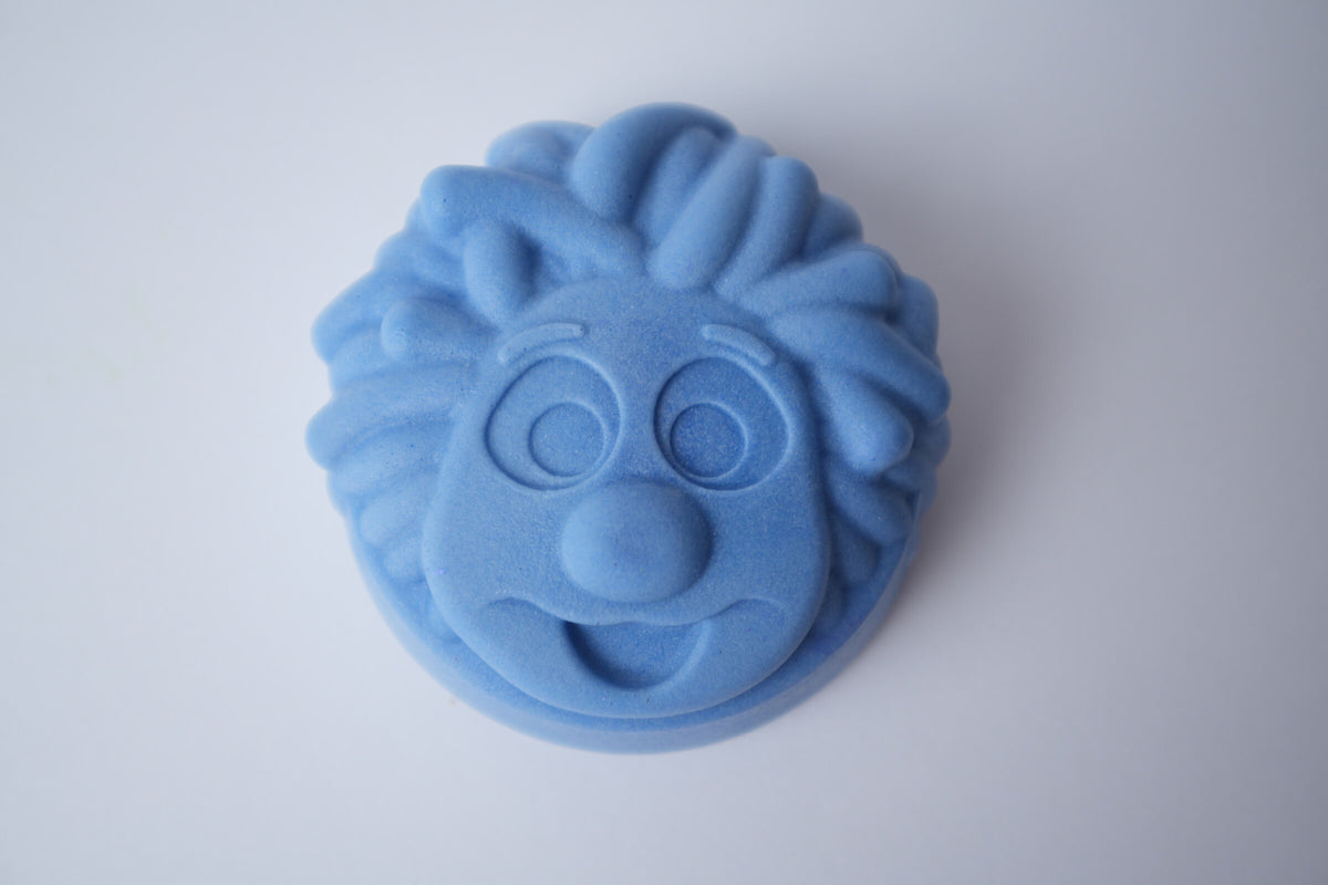 Mr. Scrubbadubba Soap Bar in blue, character face close-up