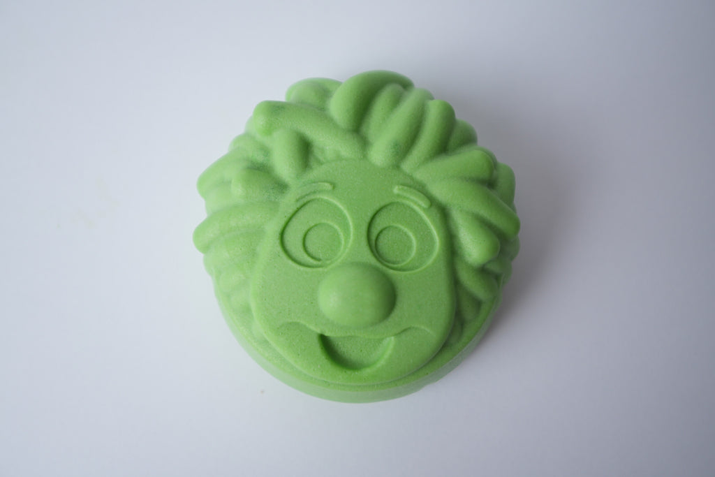 Mr. Scrubbadubba Soap Bar in lime green, character face close-up