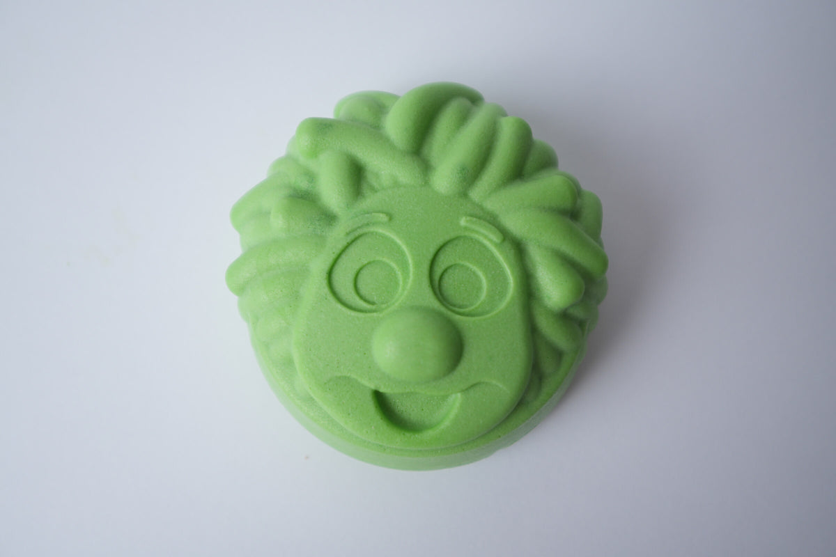Mr. Scrubbadubba Soap Bar in lime green, character face close-up